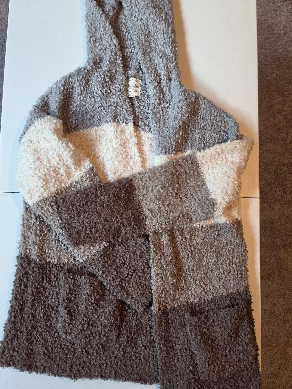 Hippie Rose Plush Colorblock Hooded Jacket - Gray & Cream & Brown